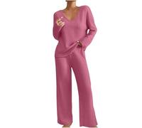 BUhuiBabubu Womens Pyjamas Set Uk, Ladies Ribbed Loungewear Sets Soft Leisure Suits Homewear V Neck Long Sleeve Jumpers and Wide Leg Trousers Uk Size 8 10 12 14 16,Hot Pink,L,u77k