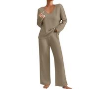 BUhuiBabubu Womens Pyjamas Set Uk, Ladies Ribbed Loungewear Sets Soft Leisure Suits Homewear V Neck Long Sleeve Jumpers and Wide Leg Trousers Gifts for Mum,Camel,L,u17k