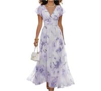 BUhuiBabubu Women's Summer Chiffon Maxi Dress V Neck Flutter Sleeve High Waist Floral Print Elegant Formal Cocktail Wedding Guest Long Dresses