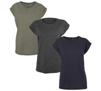 Build Your Brand Women's Ladies Extended Shoulder Tee 3-pack T Shirt, Multicolour (Cha/Oli/Navy 02278), XS UK
