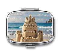 Building A Sandcastle Pill Box 2 Compartment Square Pill Box for Pocket Purse Portable Travel Medicine Tablet Vitamin Holder Organizer Mini Decorative Pill Case