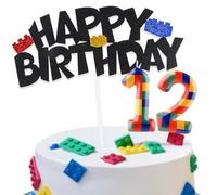 Building Block Cake Decorations with Happy 12th Birthday Cake Toppers and Birthday Candles Numbers 12, Building Block Birthday Party Deco for Kids