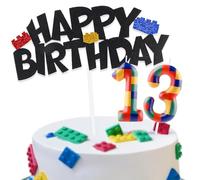 Building Block Cake Decorations with Happy 13th Birthday Cake Toppers and Birthday Candles Numbers 13, Building Block Birthday Party Deco for Kids