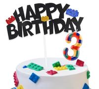 Building Block Cake Decorations with Happy 3rd Birthday Cake Toppers and Birthday Candles Number 3, Building Block Birthday Party Deco for Kids