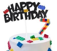 Building Block Cake Decorations with Happy 7th Birthday Cake Toppers and Birthday Candles Number 7, Building Block Birthday Party Deco for Kids