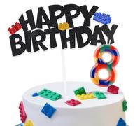 Building Block Cake Decorations with Happy 8th Birthday Cake Toppers and Birthday Candles Number 8, Building Block Birthday Party Deco for Kids