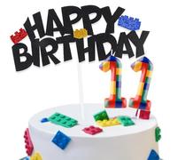 Building Block Cake Decorations with Happy Birthday Cake Toppers and Birthday Candles Numbers 11, 11th Birthday Party Deco for Kids