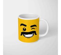 Building Block Face Brick Mug | Choose from 5 Fun Faces | Custom Background Colour | Funny Yellow Face Coffee Cup | Gift for Building Block Toy Fans, Gamers, Kids & Adults | Matching Coaster Option