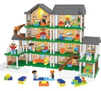Building Block Paradise 4-Story Dollhouse Playset - 201 Pcs Bricks DIY Mansion Toy Castle with Slide, Stairs, Fences, 6 Toy Figures & Furniture Blocks for Toddlers, Boys & Girls Ages 3+
