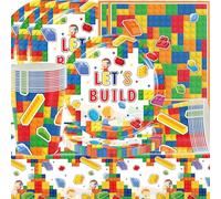 Building Block Party Tableware, Doyomtoy Building Block Birthday Decoration Baby Birthday Cups Napkins Tablecloth for Children Party Decoration Baby Shower 20 Guests