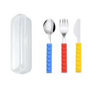 Building Block Silicone Handle Children's Crockery Set 3 Pieces, 304 Stainless Steel Knife Fork Spoon, Non-Slip Soft Handle, Colourful Design for Children Learning to Eat (Yellow/Red/Blue)