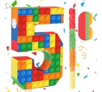 Building Blocks 5th Birthday Party Decorations Number 5 Pinata with Pinata Stick & Blindfold for Kids Girls Boys Happy Birthday Building Block Theme Party Supplies Fiesta Carnival Games