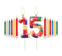Building Blocks Birthday Candles, 15th Birthday Candles, Rainbow Number 15 Candles, Red, Yellow, Green, Blue Candle for Cake, Building Block Themed for Girls Boys Birthday Party Decorations Supplies