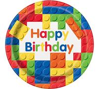 Building Blocks Happy Birthday Multicolor Round Paper Dinner Plates (22cm) Pack of 8 - Perfect for Fun & Festive Birthday Celebrations