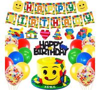 Building Blocks Themed Birthday Party Decorations Pack Includes Glitter Cake Topper Banners and Balloons Summer Colorful Themed Bday Party Pack Supplies