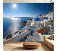Building Cities Wall Mural Wallpaper, Blue Domed Clock Tower & White Walls Design, Blue White Theme Photo Wallpaper, 158" x 110"/400 x 280 cm(WxH), Decorative Wall Mural for Bedroom and Living Room