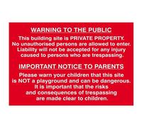 Building Site Warning To Public & Parents - Pvc Sign 600 X 400mm Scan Multi One Size