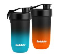 BuildLife Shaker Bottle 2 Pack, 600ML Tritan Protein Shaker Water Bottle, Shakes Cup with Strainer for Protein Powder Supplement Smoothie Quiet Mixing, Dishwasher Safe (BlackBlue+BlackOrange)
