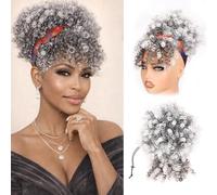builson Ponytail with Cord for Black Women Afro Puff Kinky Curly Hair Ponytail with Bangs Ponytail Natural Hair Grey