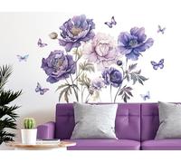 Buiory 3D Large Purple Flowers Butterflies Leaf Wall Stickers Removable Peel and Stick Watercolor Flower Wall Decals DIY Butterfly Flower Wall Art Decor for Girls Living Room Nursery Sofa Wall Decor