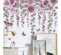 Buiory Purple Flower Wall Decals Hanging Vine Floral Wall Stickers Flower Plants Butterfly Wall Murals Removable DIY Peel and Stick for Baby Girls Nursery Bedroom Living Room Sofa TV Background