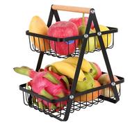 Buithafu 2 Tier Fruit Basket Heavy Duty Iron, Countertop Storage Rack with Open Wire Design for Ventilation, Vegetable Bread Snack Organizer with Integrated Handle, 10.6x6.7x12.6 Black/White