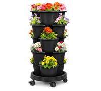Buithafu 5 Tier Vertical Planter with Wheels for Balcony Herbs and Berries | Stackable modular pots; controlled water flow; suitable for strawberries and vegetables