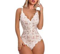 Buitifo Women Lingerie Lace Bodysuit One Piece Babydoll Backless Floral Teddy V Neck Jumpsuit(white,L)