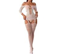 Buitifo Womens Fishnet Bodystocking Plus Size Crotchless Bodysuit Sexy Tights Soft Nightwear Lingerie for Women(White JC,One Size)