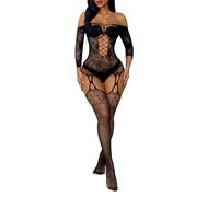 Buitifo Womens Fishnet Bodystocking Plus Size Crotchless Bodysuit Sexy Tights Soft Nightwear Lingerie for Women(By-black,One Size)
