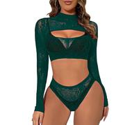 Buitifo Womens Lingerie Set Fishnet Babydoll Front Open Bodysuit Sexy Nightwear Sleepwear(Darkgreen 90,one Size)