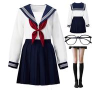 BUITVOZE Japanese school Girls Sailor Dress Shirts Uniform Anime Cosplay Costumes uniformwith socks eyeglass frame set,classic white, cosplay photography,School Girl Outfit JK Uniform Suit XXL