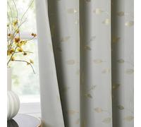Bujasso Grey Blackout Curtains Print Golden Leaf Patterned 54"x52" Grommet | Full Blackout Woven Fabric, Gold Metallic Leaf Print, Thermal Insulated For Energy Saving, Grommet Top, Room Darkening