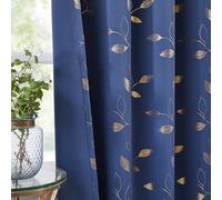 Bujasso Navy Blackout Curtains 54 inches Long Modern Metallic Leaf Print Patterned Drapes Room Darkening Window Treatment Blackout Thermal Insulated for Living Room Bedroom Grommet Top W52xL54