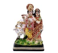 Buji Craft Multicolour Polyresin Radha Krishna with Cow Idol Statue for Home Mandir Pooja Room Decor 10 Inch | Janmashtami Housewarming Diwali Gift | Stone Work Showpiece MI1905