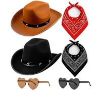 Bukbas Cowboy Hats Pack of 2 Unisex Felt Western Hats & Bandanas Texas Texan Costume Accessories for Men, Women, Adults Wild West Fancy Dress Party