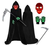Bukbas Halloween Grim Reaper Costume, 5PCS Scary Grim Reaper Costume Adults with Glowing Skeleton Mask Gloves Cloak Scythe, Costumes Accessories for Halloween Party Cosplay Scary Themed Parties