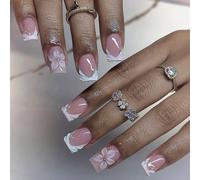 Bukecagif 24 Pcs Short Press on Nails, Square Artificial Nails, Nude Pink White French Flowers, ABS, for Everyday DIY, with Glue Pads and File