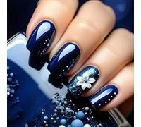 Bukecagif 24 Pieces Press On Nails Short, Blue With Floral Design, Durable, Easy To Use, Eco-friendly, For Beginners, With Jelly Gel And Buffer Block