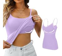 BUKKNYE 2 in 1 Tank Tops with Built-in Bra, Women's Basic Seamless Camisole Solid Color Spaghetti Straps Slim Fit Cotton Bras, Summer No Steel Ring Casual Cami Vest for Everyday Wear(Purple,L)