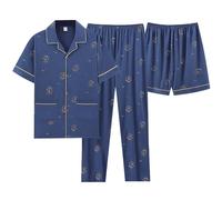 BUKKNYE 3 Piece Men Lounge Pajamas Set Short Sleeve Button Down Shirts Casual Pants Printed Soft Shorts Pjs Outfits Plus Size Comfortable Loose Sleepwear Big&Tall