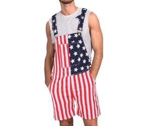 BUKKNYE American Flag Print Jumpsuit Shorts Mens Denim Dungaree Bib Overalls Plus Size Star Stripe Graphic Work Jumpsuit 4th of July Patriotic Independence Day Playsuit