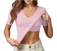 BUKKNYE Built in Bra Top for Women Cotton Ribbed Short Sleeve Sleeveless Slim Fit Basic T Shirts Stretch Yoga Gym Running Sports Activewear Summer Undershirt A-Pink