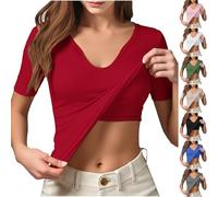 BUKKNYE Built in Bra Top for Women Cotton Ribbed Short Sleeve Sleeveless Slim Fit Basic T Shirts Stretch Yoga Gym Running Sports Activewear Summer Undershirt A-red
