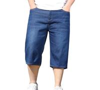 BUKKNYE Capri Jeans for Men UK Denim Shorts Big and Tall 3/4 Stretch Jean Shorts Baggy Loose Stretch Summer Capris Lightweight Knee Length Pants with Pockets Plus Size Blue