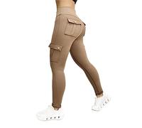 BUKKNYE Cargo Leggings for Women with 4 Pockets High Waisted Slim Fit Stretchy Yoga Pants Plus Size Solid Skinny Ladies Activewear Butt Lift Tummy Control Running Tight Trousers Brown