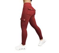 BUKKNYE Cargo Leggings for Women with 4 Pockets High Waisted Slim Fit Stretchy Yoga Pants Plus Size Solid Skinny Ladies Activewear Butt Lift Tummy Control Running Tight Trousers Red