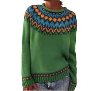 BUKKNYE Fair Isle Sweater for Women UK Warm Long Sleeve Crewneck Lightweight Sweaters Casual Relaxed Fit Comfort Jumpers Trendy Fall Winter Oversized Warm Pullover Tops Plus Size Green