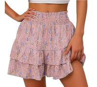 BUKKNYE Flowy Shorts for Women Dressy Bermuda Shorts Elastic High Waisted Ruffle Flowy Pleated Boho Floral Printed Cute Butterfly Short Pants