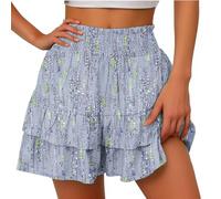 BUKKNYE Flowy Shorts for Women Dressy Bermuda Shorts Elastic High Waisted Ruffle Flowy Pleated Boho Floral Printed Cute Butterfly Short Pants